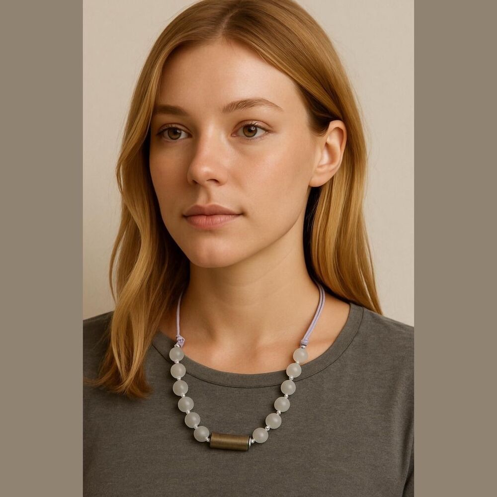 Women's Unbranded Light Grey Beaded Lavender Cord Gold-tone Bar Necklace One Siz